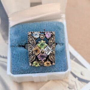 Vintage Art Deco Sterling Silver Marcasite & Multi-Color Gemstone Ring